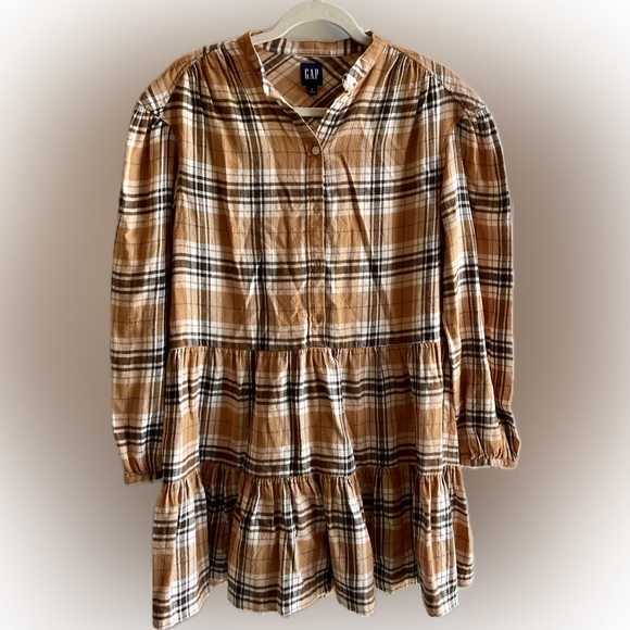 GAP Plaid Tiered Mini Dress in Camel size Small - Picture 2 of 7